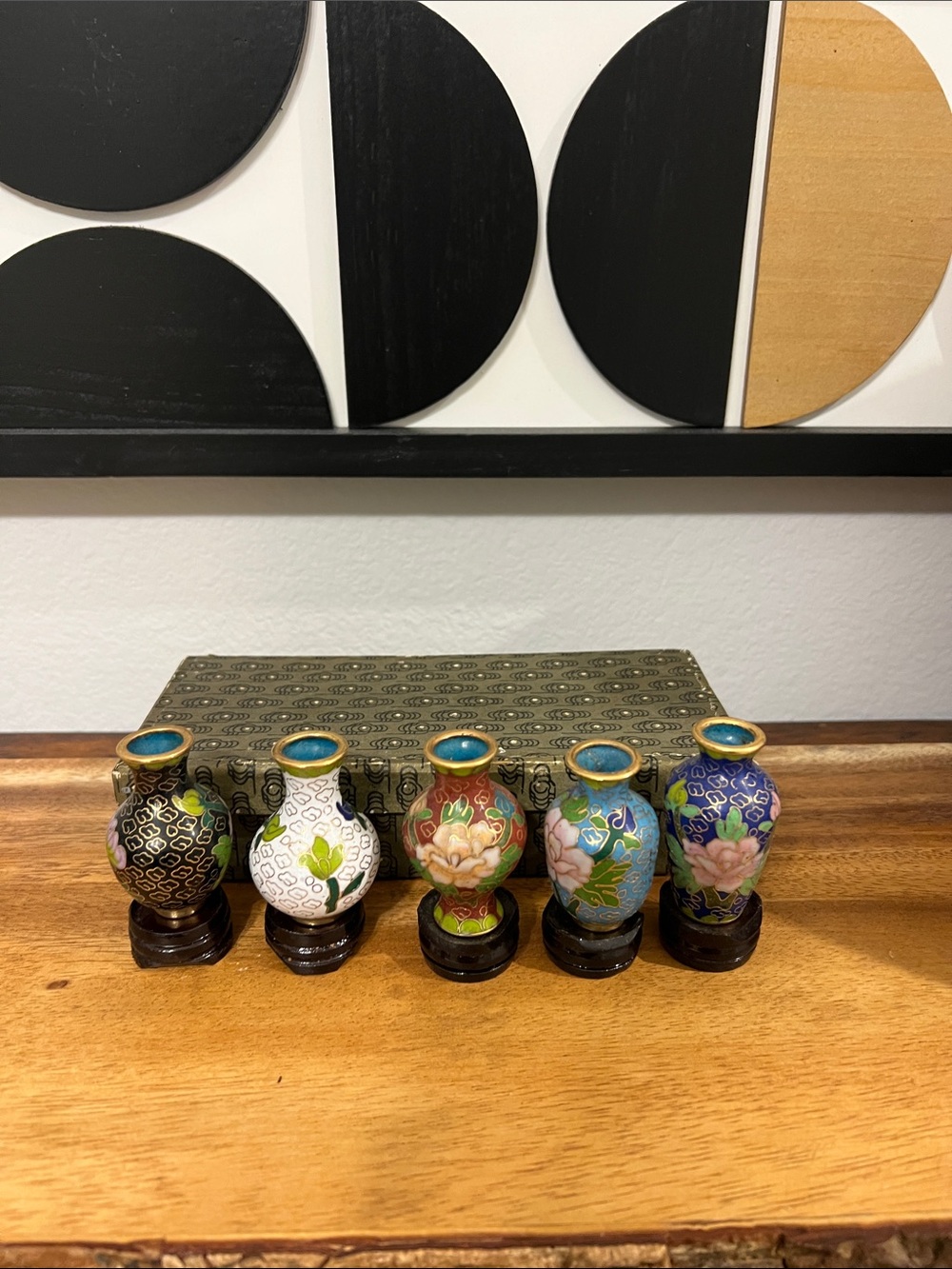 Set OF 5 Miniature Chinese Porcelain Cloisonne Vases With Stands